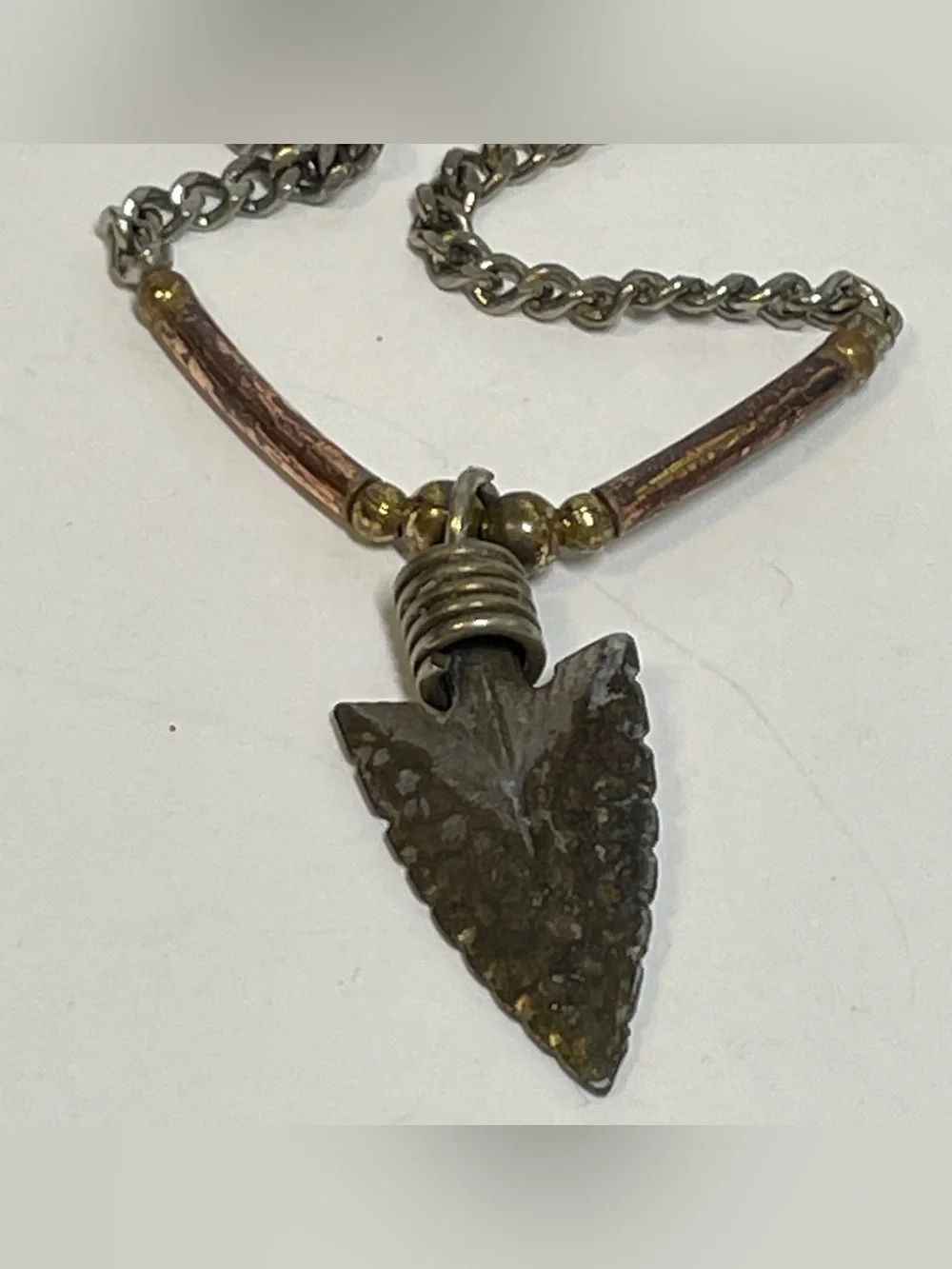 Vtg Arrowhead Necklace Silver Tone & Copper Embellished Pendant Artsy Rustic 18”